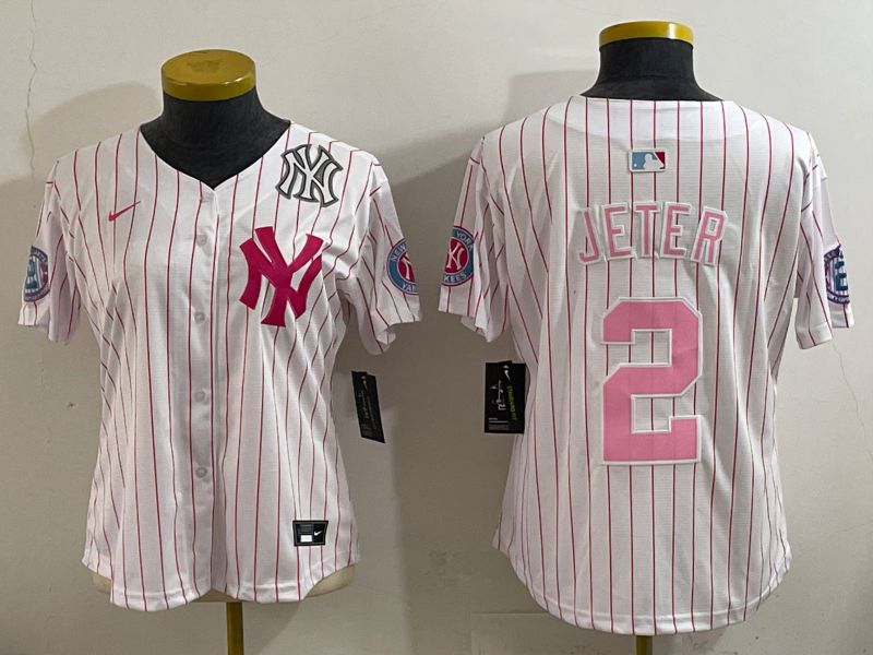 Women 2025 New York Yankees #2 Jeter White pink Joint Name Nike MLB Jersey style 6